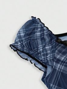 ROMWE J-Fashion Áo thun nữ tay ngắn họa tiết kẻ caro viền ren, trang trí nơ, thời trang đa năng, phù hợp cho đi làm và đi nghỉ - Màu xanh lam - Xem 4