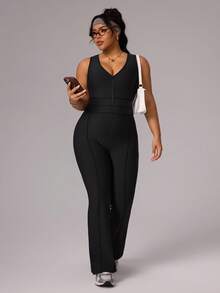 SHEIN Sports Women's Black Summer Athletic Gym Jumpsuit,Zipper Backless Hollow Out Ribbed Flare Pants,Slim Fit Sleeveless Yoga Running Plus Size Tummy Control - Black - View 4