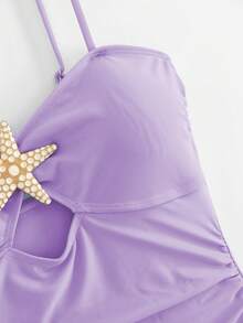 Swim Oasis 女士夏季沙滩度假镂空海星装饰褶皱收腹连体泳衣，带系带长裙 - 紫色 - 查看 7