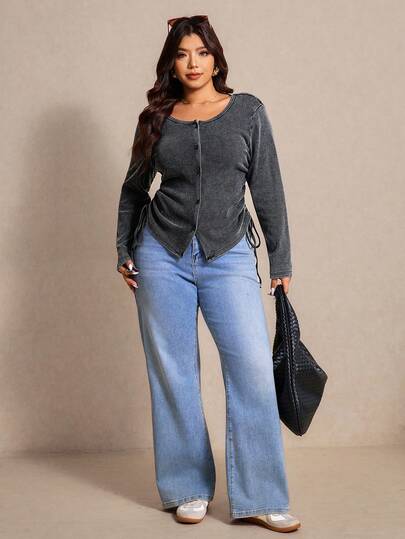 Elaquor 大码女式纯色圆领长袖单排扣侧抽绳休闲T恤