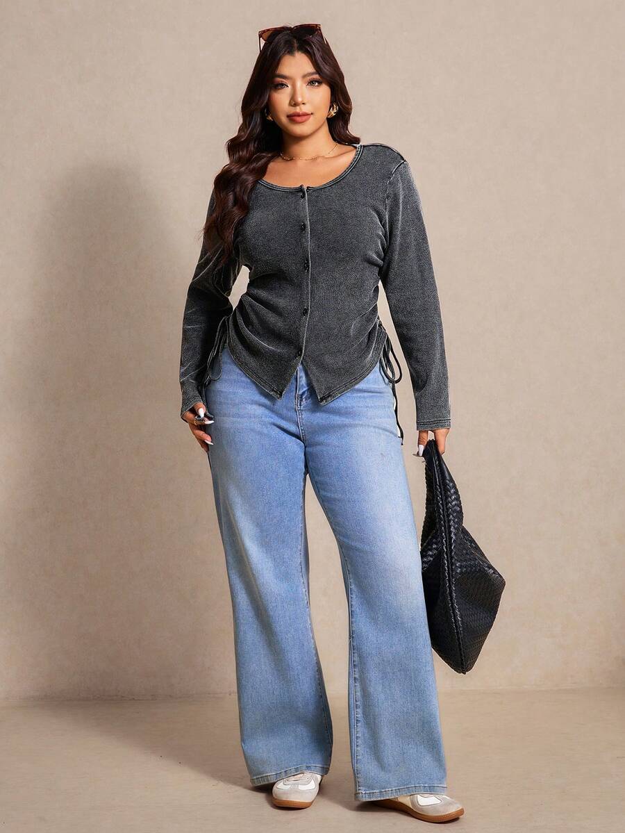 Elaquor 大码女式纯色圆领长袖单排扣侧抽绳休闲T恤 - 黑色 - 查看 1