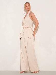 COSMINA Women's Striped,Side-Tie Backless,V-Neck,Waist-Tie Sleeveless Top&Pant Suit Summer Sets,Elegant Beige Two Pieces Set For Brunch,Casual Commuting - Apricot - View 5