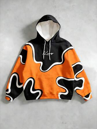 Manfinity Roghcode 撞色设计！这款印有“勇气”标语的男士大码拼接连帽衫，时尚舒适，专为男士打造。