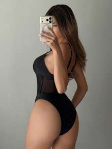 Swim SXY 1pc Women's Sexy Mesh Patchwork Adjustable Strap One-Piece Swimsuit, Slim Fit, Spring/Summer - Black - View 2