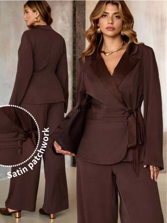 Roveilla Plus Size Women Elegant Brown Lapel Waist Tie Long Sleeve Wide Leg Pants Suit,2 Pieces Set Women Blouses Elegant Brown Elegant Top Brown Blouse Brown Two Pieces Set Women Chocolate Brown Top Brown Elegant Dress Women Plus Size Brown Dress Chocolate Brown Dress Dark Brown Dress Satin Patchwork Women's Suits Brown Set Women Pant Suit Set Women's Suit Set