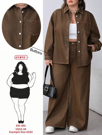 SHEIN CURVE+ 大码休闲日常纽扣贴袋落肩宽松牛仔衬衫，适合冬季、春季、圣诞节、新年、感恩节、通勤、度假、毕业典礼等场合，兼具时尚、Y2K风格、可爱、街头风、派对、婚礼、优雅、商务休闲等多种穿搭风格。棕色牛仔衬衫，百搭休闲通勤，简约百搭。