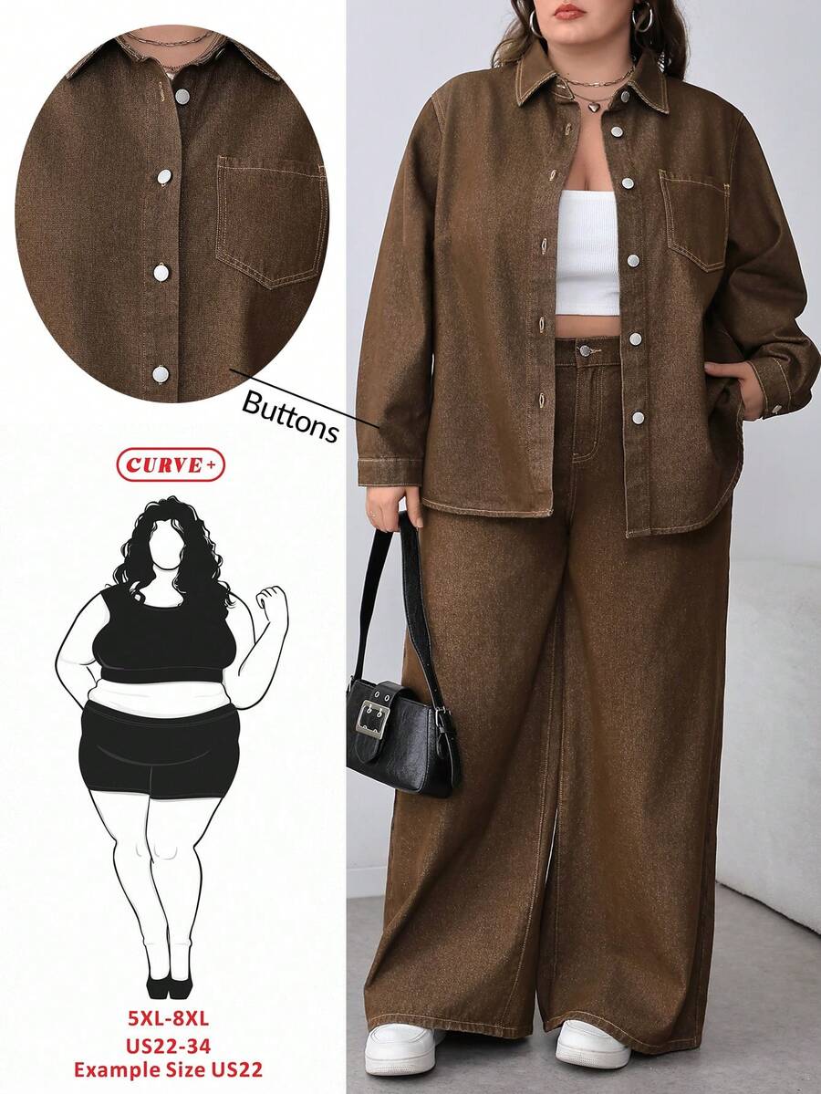 SHEIN CURVE+ 大码休闲日常纽扣贴袋落肩宽松牛仔衬衫,适合冬季、春季、圣诞节、新年、感恩节、通勤、度假、毕业典礼等场合,兼具时尚、Y2K风格、可爱、街头风、派对、婚礼、优雅、商务休闲等多种穿搭风格。棕色牛仔衬衫,百搭休闲通勤,简约百搭。 - 棕色 - 查看 1