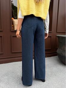 SHEIN 孕妇条纹直筒宽松休闲百搭牛仔裤，适合冬季、春季、圣诞节、新年、感恩节、通勤、度假、毕业季等各种场合，时尚又充满Y2K风格，可爱街头风，适合派对、婚礼、商务休闲等各种场合。法式条纹设计，简约优雅，弹性腰带，简约通勤裤，街头风女裤，百搭休闲裤，日常穿着。 - 藍色 - 查看 2