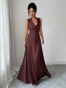 SHEIN Elenzya Plus Size Elegant Brown Summer French Style Lapel Waist Ribbed Sleeveless A-Line Dress, Work Festa Low Cut Classy Women Dress - Redwood - View 5