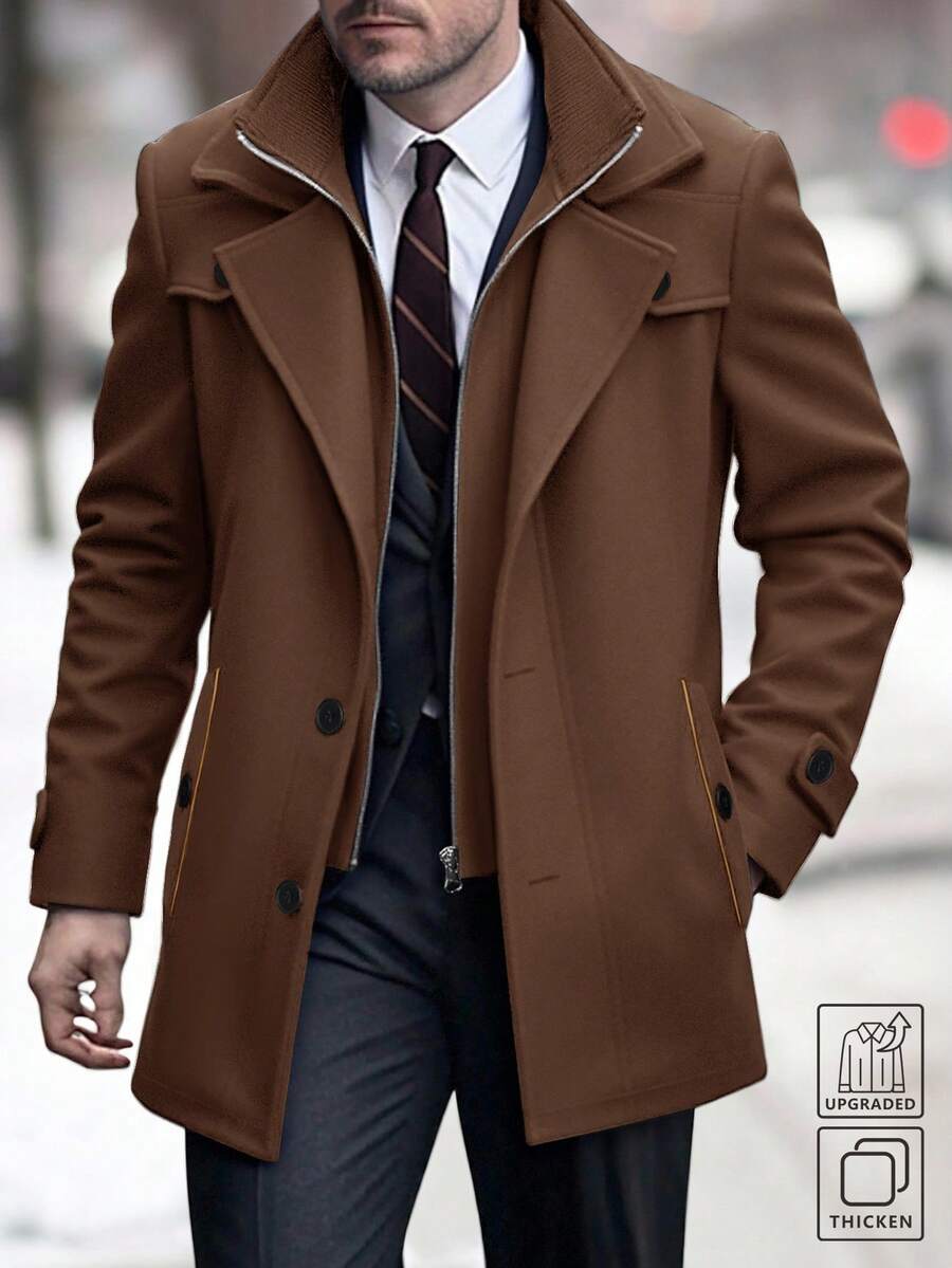 Manfinity Mode Men's Casual Solid Color Wool Blend Overcoat, Autumn/Winter - Brown - View 1