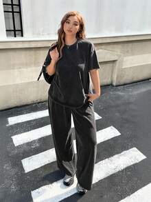 Muchica 大码做旧黑色酸洗宽松T恤+阔腿裤两件套纯棉套装，春夏款 - 黑色 - 查看 5