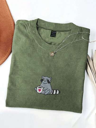 INAWLY Camiseta de manga corta de cuello redondo con bordado de mapache, casual de verano para mujer