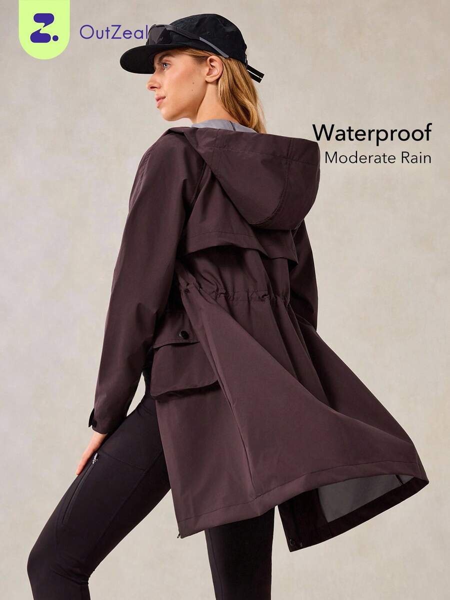 OutZeal Women Jacket Long Sleeve Top Camping Hiking Water-Resistant Hooded Long Length Drawstring Waist With Zip Pockets