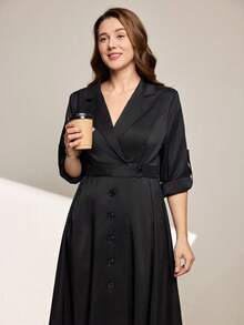 Momelise Plus Size Women Solid Color Lapel NeckRoll-Up Sleeve Single-Breasted Elegant Dress - Black - View 7