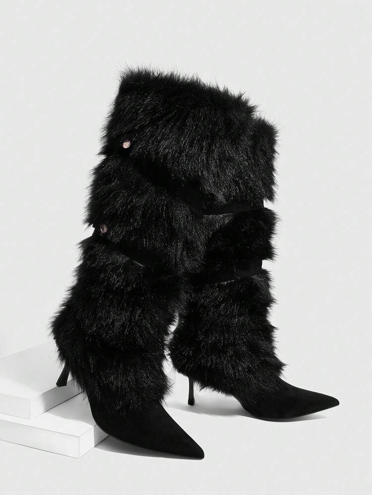 CUCCOO SZL Women's Pointed Toe Faux Fur Patchwork Knee-High Heeled Boots For Christmas Spring Shoes