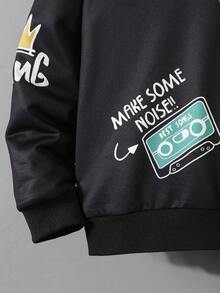 Vacaura 2pcs Boys Crown Graphic Crew Neck Black Sweatshirt And Sweatpants Set, Suitable For Outdoor Spring/Autumn - Black - View 4