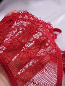 Floral Lace Rhinestone Studded Tape G-String Sexy Lingerie - Burgundy - View 4