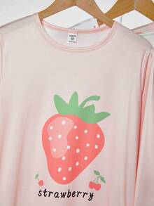 女童时尚可爱草莓印花莲花荷叶边长袖长款睡裙 - 彩色 - 查看 6