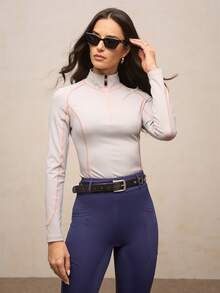 Activina Women Gray Knitted Fabric Long Sleeve Equestrian Shirt Regular Fit Round Neck Riding Top - Grey - View 4