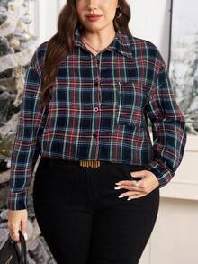 Comfylo Plus Size Plaid Print Front Button Patch Pocket Casual Long Sleeve Shirt Thanksgiving New Years Button Up Oversized Shirt Plaid Button Up Plaid Shirt Women Plus Size Button Down Shirt Women Button Up Shirt Plus Size Oversized Shirts Plus Size Plaid Shirt Oversized Plaid Shirt - Black - View 6