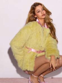 Sweetina Women's Fashion Contrast Color Faux Fur Collar Long Sleeve Jacket - Yellow - View 6