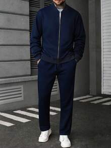 Manfinity CasualCool 男士纯色拉链外套和裤子休闲套装