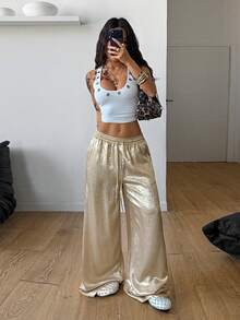 Coolane 女士四季皆宜锐舞派对音乐节复古时尚奢华弹力腰带亮面面料金色宽松弧形裤脚 - 金色 - 查看 6