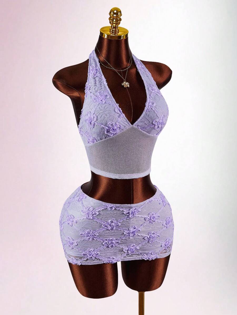 Amplova Women's Fashionable Sexy Halter Backless Camisole & Mini Skirt 2 Pieces Set - Pink - View 1