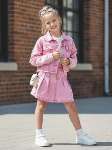 Tween Girls 2-Piece Denim Set, New Arrival For Autumn/Winter - Pink Denim, Y2K Style, Distressed Ripped, Fitted, Girls Denim Jacket & Pleated Mini Skirt, Comfortable Cotton Denim, Suitable For Daily Wear, Party, School, Commute Pink Denim Outfit Kids Kids Two Pieces Denim Outfit Pink Skirt Set Girls - Pink - View 10