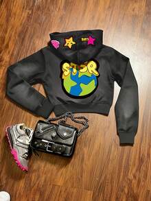 INAWLY Women's Letter & Pentagram Print Long Sleeve Zip Front Pocket Sweatshirt - Black - View 2