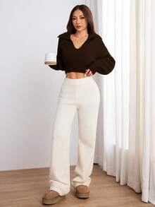 Flirla Women's Solid Color Turndown Collar Casual Versatile Long Sleeve Pullover Sweater - Coffee Brown - View 6