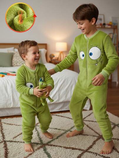 幼儿及大童怪兽表情抓绒绿色连帽连体衣，趣味可爱图案，保暖冬季亲子装