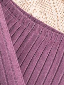 Sparklyn 2pcs/Set Girls Elegant Beaded Knit Ribbed Fuzzy Crew Neck Puff Sleeve Top And Simple Knit Pants Casual Outfit, Autumn/Winter - Violet Purple - View 6