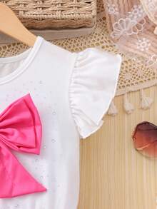 SHEIN Tween Girls' Dress, White Knit Top With Flutter Sleeves, Rhinestone Embellished Pink Bow Accent, Layered Pink Ruffle Skirt, Pleated Design, Cute School Style For Summer - Pink - View 5