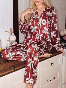 SweetSlumber Sweet Striped Bow Cardigan Women Pajama Set Valentine's Day Lounge Sets For Women Sleepwear Red Pj Set Women - Multicolor - View 6