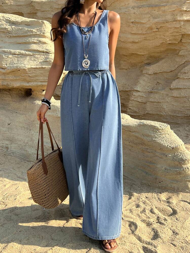 Women's Sleeveless Casual Shirt And Loose Fit Jeans Set