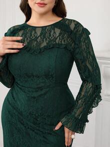 Modelyn Plus Size Women Floral Lace Patchwork Ruffle Hem Elegant Long Sleeve Dress - Dark Green - View 1