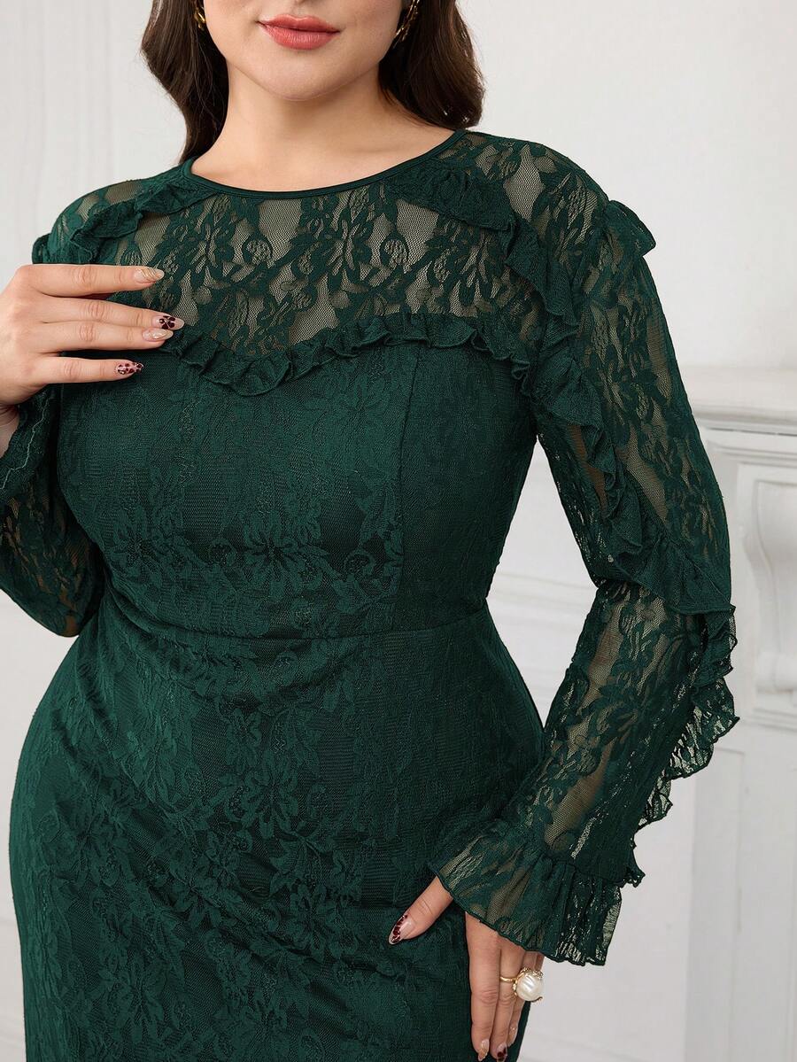 Modelyn Plus Size Women Floral Lace Patchwork Ruffle Hem Elegant Long Sleeve Dress - Dark Green - View 1