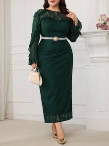 Modelyn Plus Size Women Floral Lace Patchwork Ruffle Hem Elegant Long Sleeve Dress - Dark Green - View 6