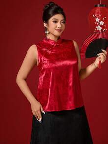 Elenzga Blusa de talla grande para mujer con estilo chino elegante, cuello en ángulo, botones, parte superior sin mangas de estilo retro, blusa de traje Tang modificada - Burdeos - Ver 4