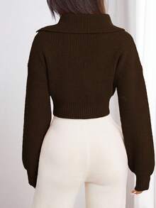 Flirla Women's Solid Color Turndown Collar Casual Versatile Long Sleeve Pullover Sweater - Coffee Brown - View 2