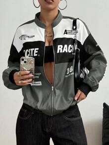 SHEIN PETITE Letter Print Contrast Color Drop Shoulder Bomber Jacket For New Year Clothes - Dark Grey - View 6