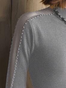 Revavyn Revavyn Women's Slim Fit Turtleneck Sweater With Shoulder Mesh Cutout And Pearl Beaded Design, Suitable For Daily Commute New Year - Dark Grey - View 5