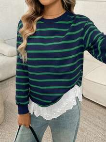 Easowa Striped Print Guipure Lace Hem Drop Shoulder Sweatshirt In Fall/Winter - Green - View 4
