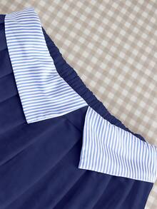 Teen Girl Casual Striped Bow Print Patchwork Sweatshirt And Pleated Mini Skirt Set, Autumn