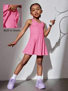 SHEIN Young Girl Solid Color Knit Close-Fitting Sleeveless Round Neck Casual Dress Sportswear - Hot Pink - View 3