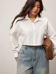 Enliva Plus Size Women Woven Long Sleeve Single-Breasted Shirt In White, For Apple Rounded Body Shape - White - View 6