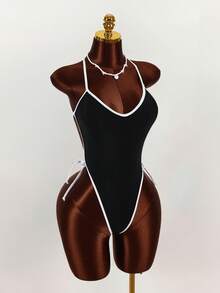 Amplova Traje de baño de una pieza con recortes en contraste negro y blanco, sin espalda, atuendo sexy para vacaciones y el Día de San Valentín - Multicolor - Ver 5