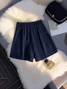 GlowEve CURVE 大码优雅金属扣口袋休闲短裤，适合春、夏、秋季穿着，藏蓝色，优雅高腰水手短裤，女士款 - 寶藍色 - 查看 2