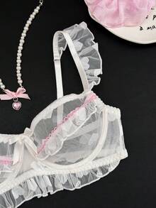 PetitDoll White Heart Mesh Patchwork Ruffle Strap Design Women's Bra - White - View 4